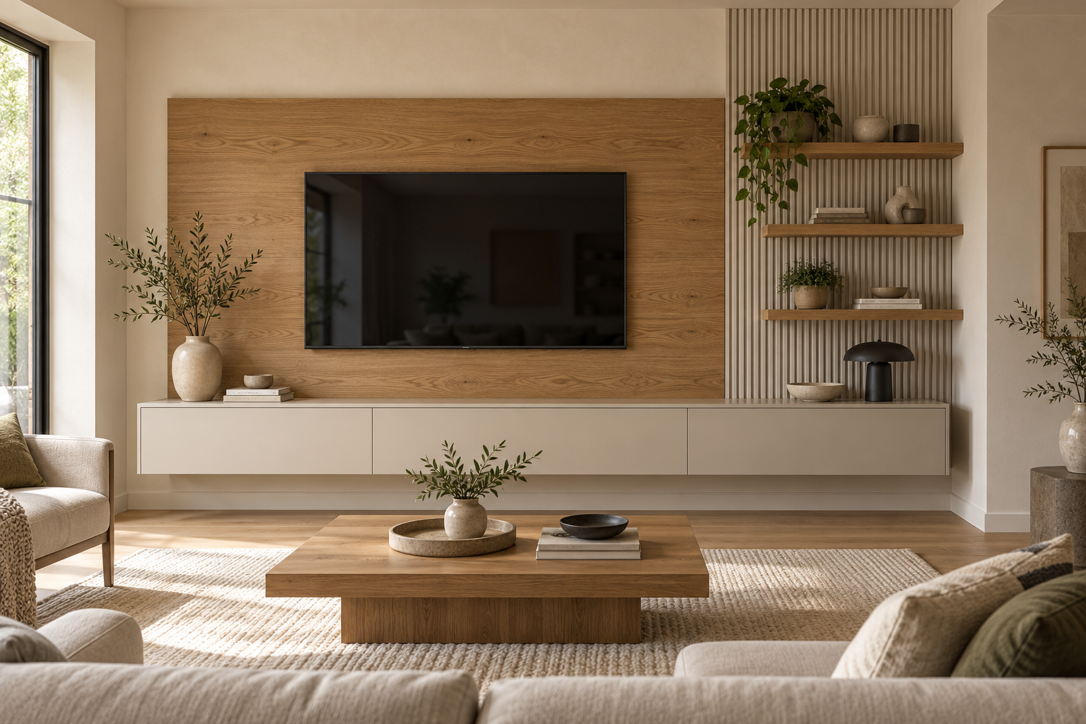 Interior inspiration with an oak TV back panel, cashmere floating cabinets and fluted wall panelling